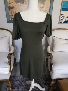Blue Rain Olive Green Square Neck Puff Sleeve Dress